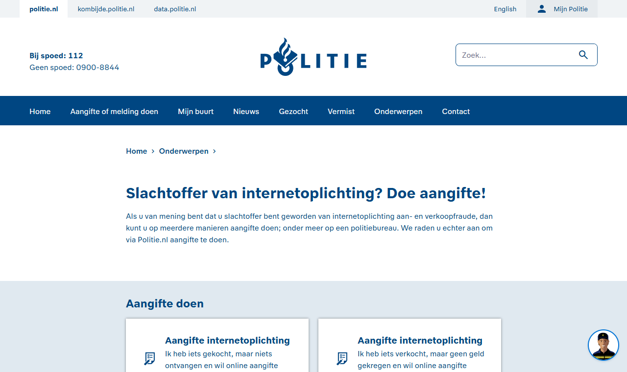 Pagina van de politie over aangifte doen na internetoplichting