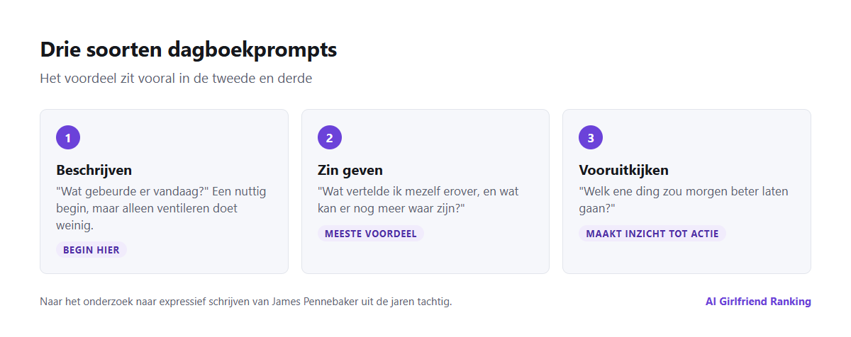 Drie soorten dagboekprompts voor een AI-companion: prompts die beschrijven, prompts die zin geven aan gebeurtenissen en prompts die vooruitkijken, met van elk een voorbeeld