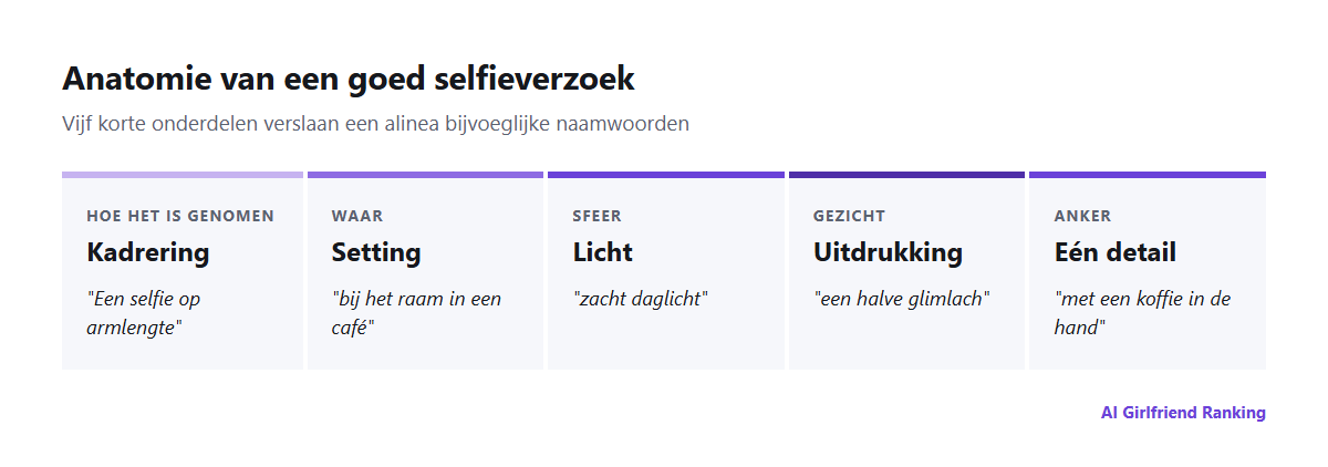 Anatomie van een AI-selfieverzoek: kadrering, setting, licht, uitdrukking en één detail, met van elk een voorbeeld