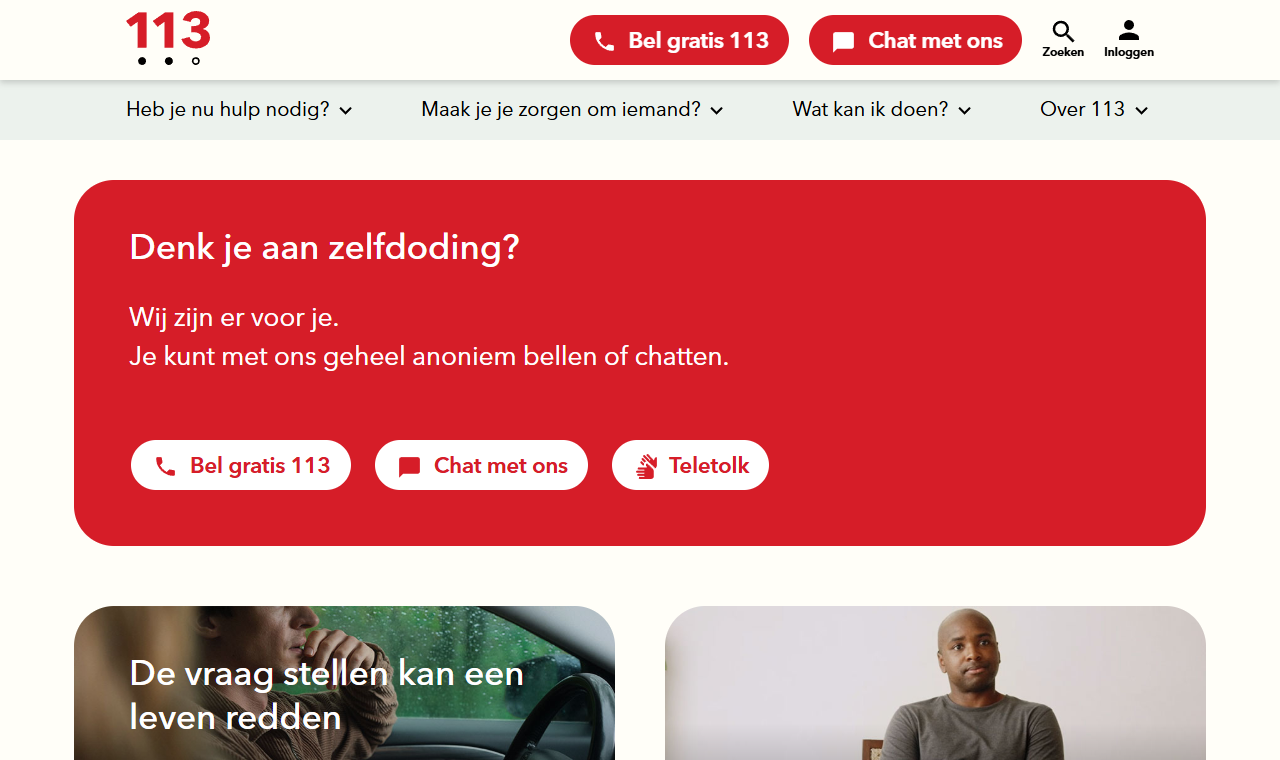 De website van 113 Zelfmoordpreventie
