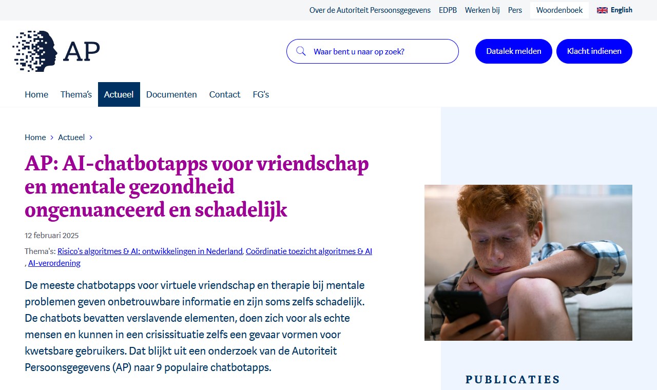 Pagina van de Autoriteit Persoonsgegevens over chatbot-apps voor vriendschap en geestelijke gezondheid