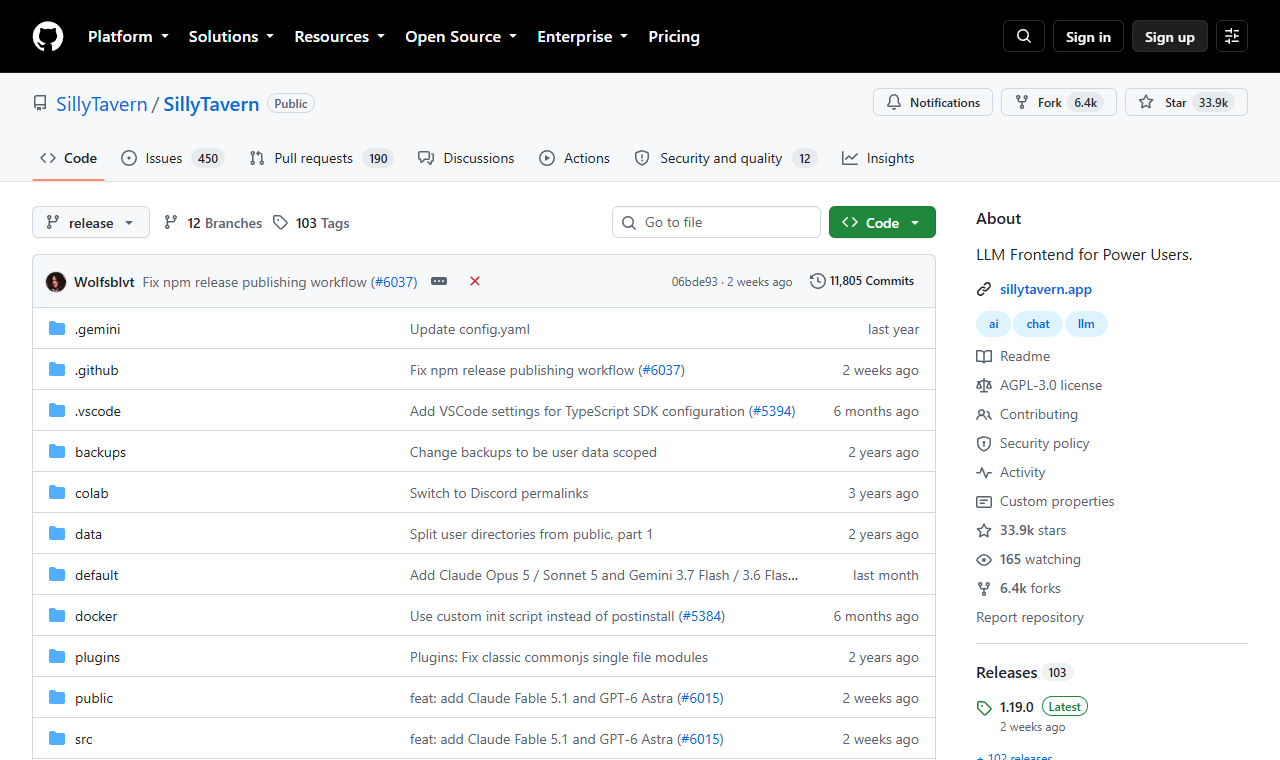 De projectpagina van SillyTavern op GitHub