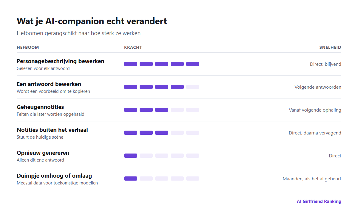 De hefbomen om een AI-companion te vormen, gerangschikt naar hoe snel en sterk ze werken: het personage bewerken, antwoorden bewerken, geheugennotities, opnieuw genereren, notities buiten het verhaal en beoordelingen